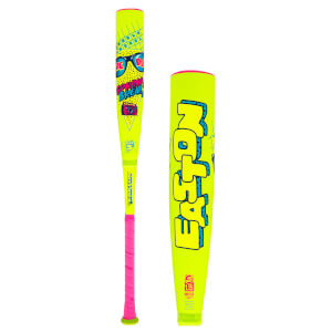 Front view of a neon yellow baseball bat with pink grip, featuring "SPRING BREAK" text and sunglasses graphic.