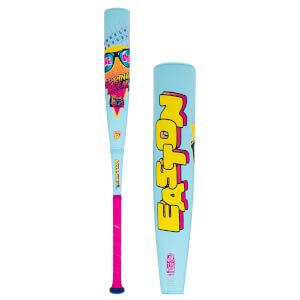 Front view of a light blue baseball bat with "EASTON" in large yellow letters, a "SPRING BREAK" graphic, and a pink grip.