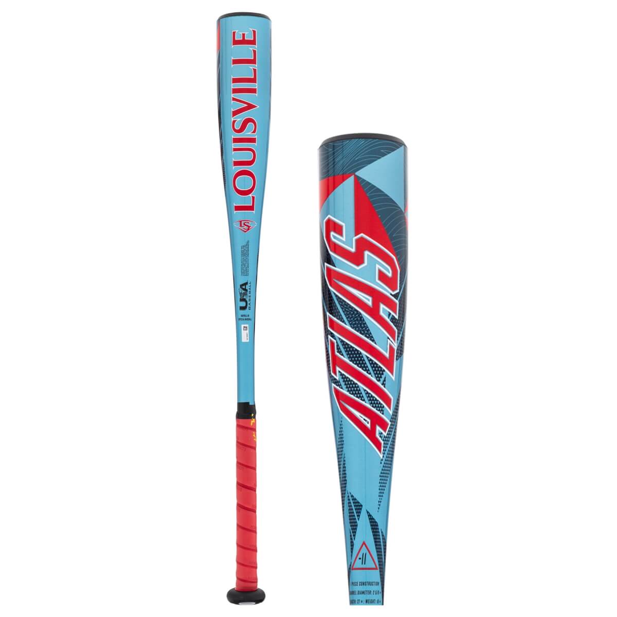 Full and close-up views of a light blue baseball bat with red grip and LOUISVILLE and ATLAS branding.