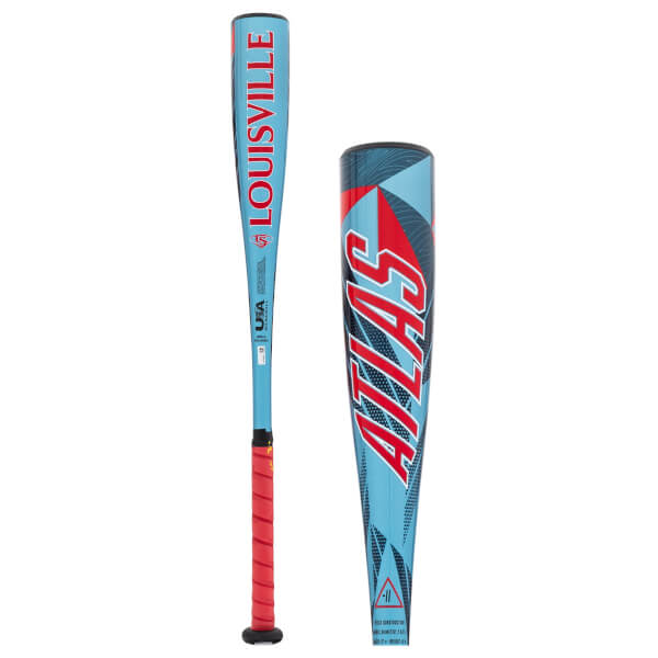 Full and close-up views of a light blue baseball bat with red grip and LOUISVILLE and ATLAS branding.