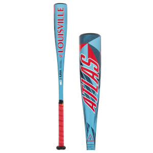 Full and close-up views of a light blue baseball bat with red grip and LOUISVILLE and ATLAS branding.
