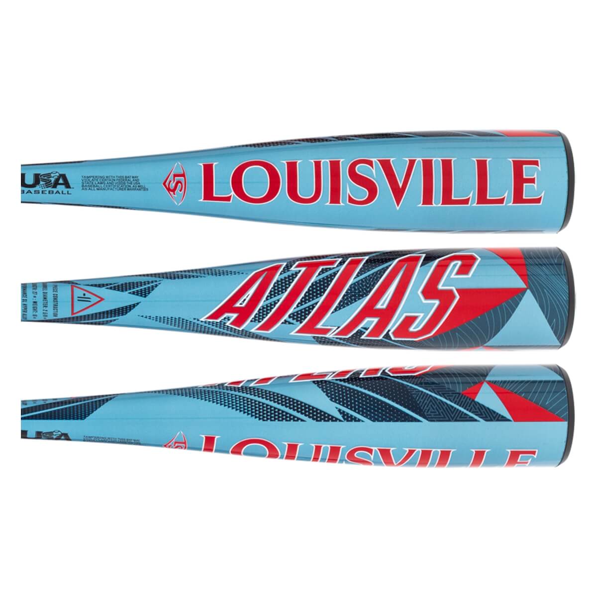 Three side views of a light blue baseball bat with red LOUISVILLE and ATLAS text, geometric patterns, and a USA Baseball logo.