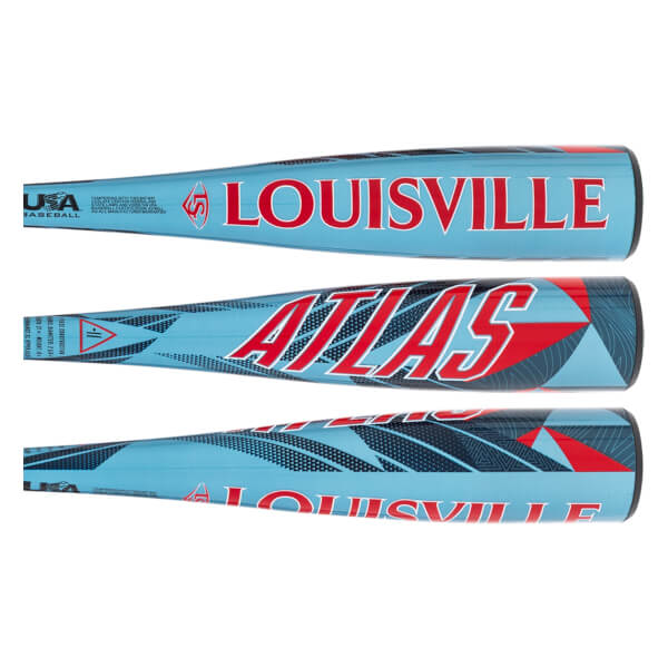 Three side views of a light blue baseball bat with red LOUISVILLE and ATLAS text, geometric patterns, and a USA Baseball logo.