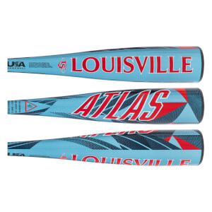 Three side views of a light blue baseball bat with red LOUISVILLE and ATLAS text, geometric patterns, and a USA Baseball logo.