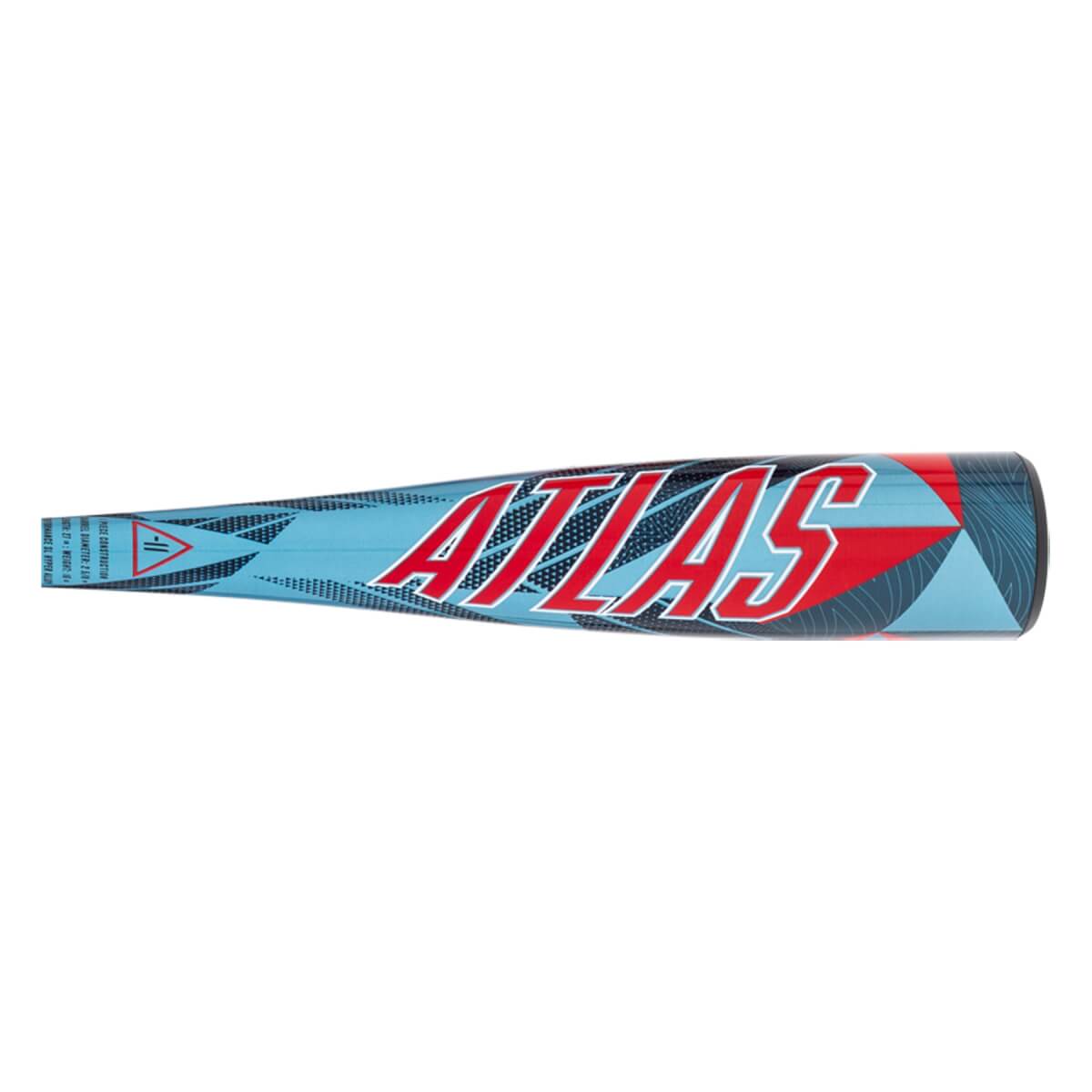 Side view of a light blue baseball bat with red ATLAS lettering and a dark geometric triangle pattern.