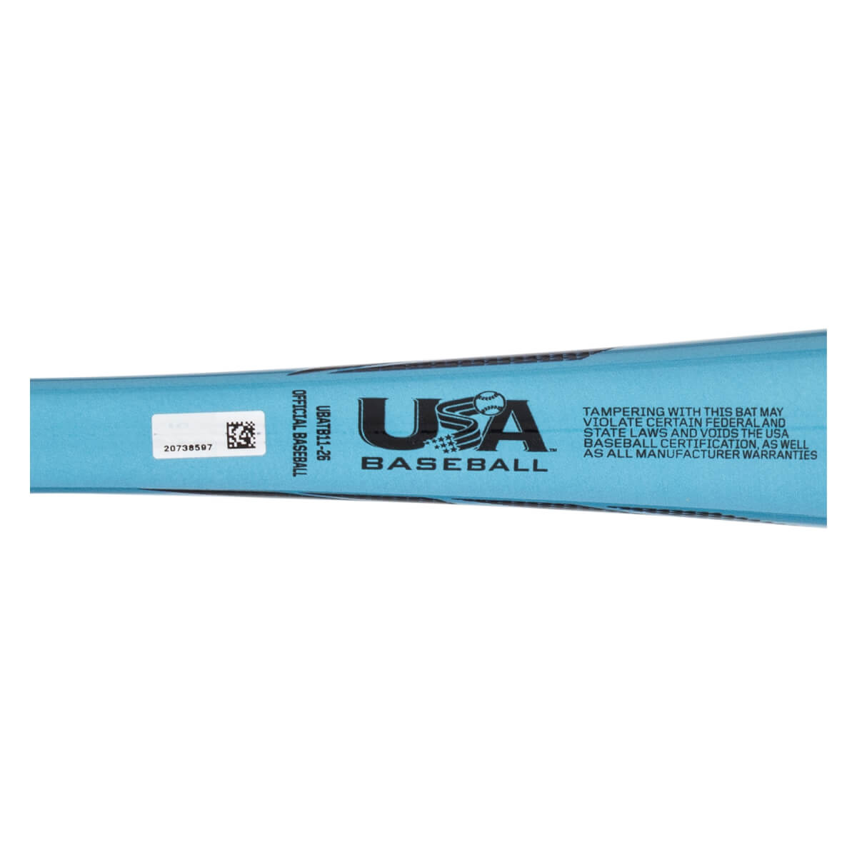 Close-up side view of a light blue baseball bat with the USA Baseball logo, UBATB11-26, and a warning.