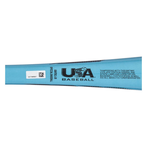 Close-up side view of a light blue baseball bat with the USA Baseball logo, UBATB11-26, and a warning.