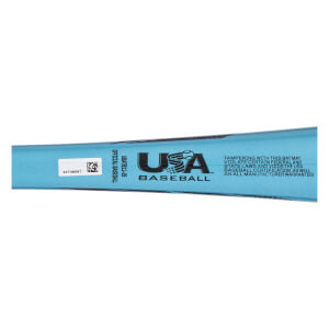 Close-up side view of a light blue baseball bat with the USA Baseball logo, UBATB11-26, and a warning.