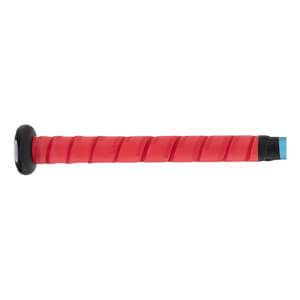Side view of a red baseball bat grip with a black knob, spiral texture, Louisville Slugger text, and blue barrel.