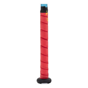 Close-up of a red baseball bat grip with a black knob, light blue shaft, and faint Louisville Slugger text.
