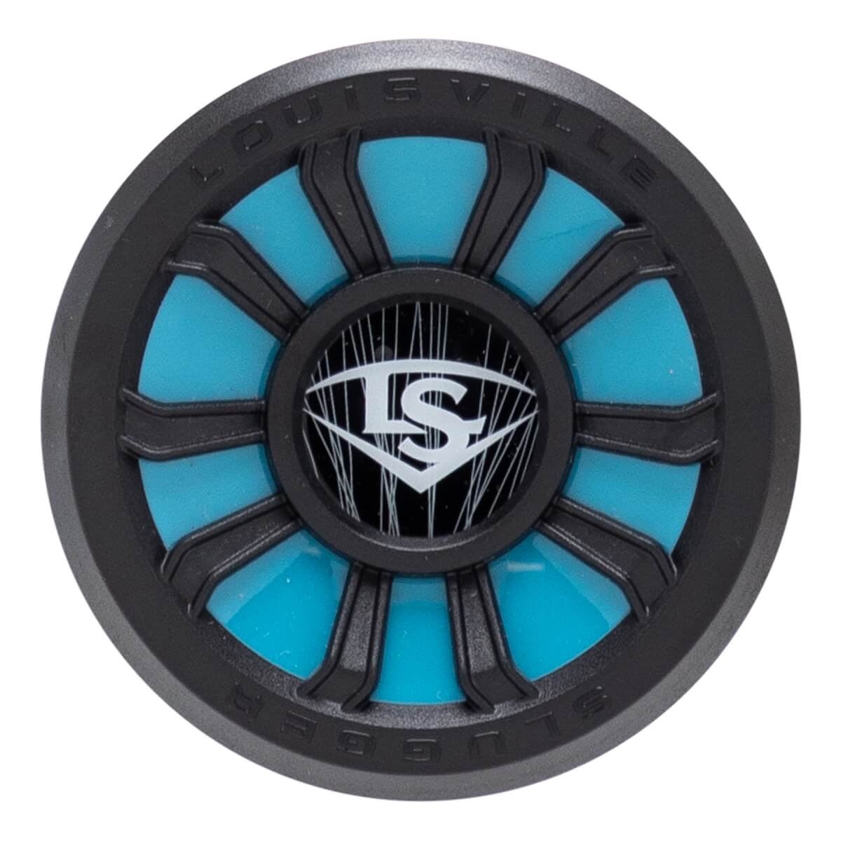 Top-down view of a black Louisville Slugger baseball bat end cap with a bright blue circular insert, radial spokes, and a white LS logo.