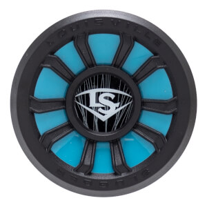 Top-down view of a black Louisville Slugger baseball bat end cap with a bright blue circular insert, radial spokes, and a white LS logo.