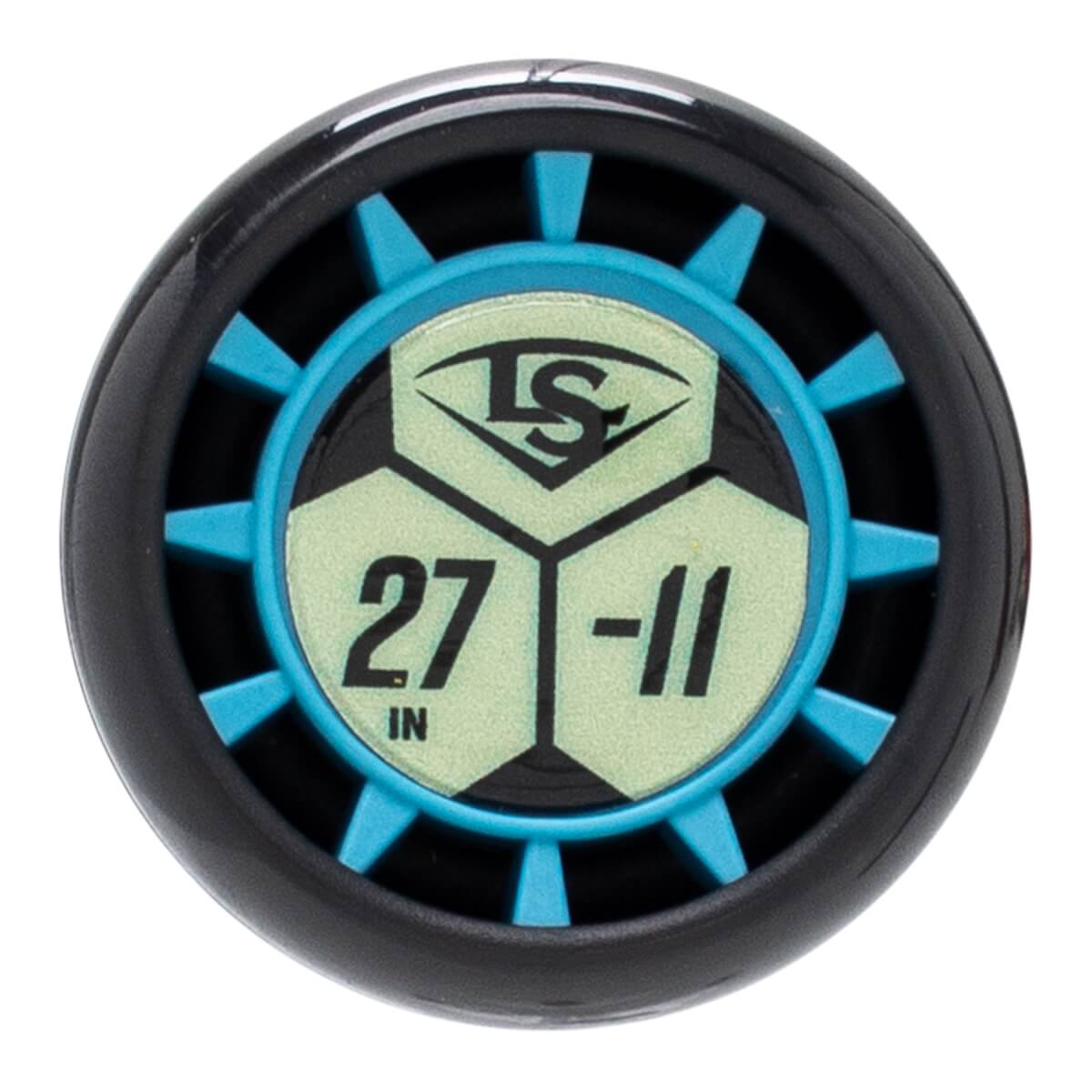 Top-down view of a black bat end cap with bright blue spokes and a light green hexagonal center displaying LS, 27 IN, and -11.