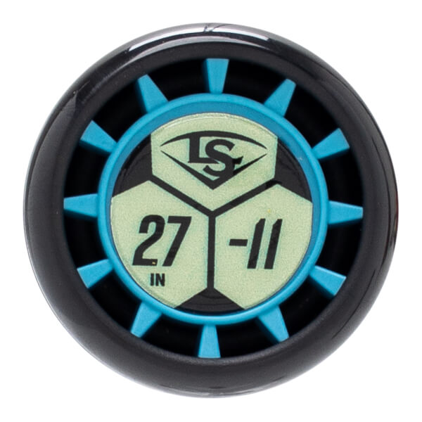 Top-down view of a black bat end cap with bright blue spokes and a light green hexagonal center displaying LS, 27 IN, and -11.
