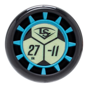 Top-down view of a black bat end cap with bright blue spokes and a light green hexagonal center displaying LS, 27 IN, and -11.