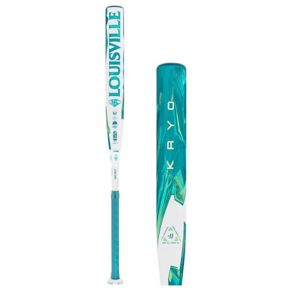 Front view of a white and teal fastpitch softball bat with LOUISVILLE on the handle and a geometric KRYO barrel design.