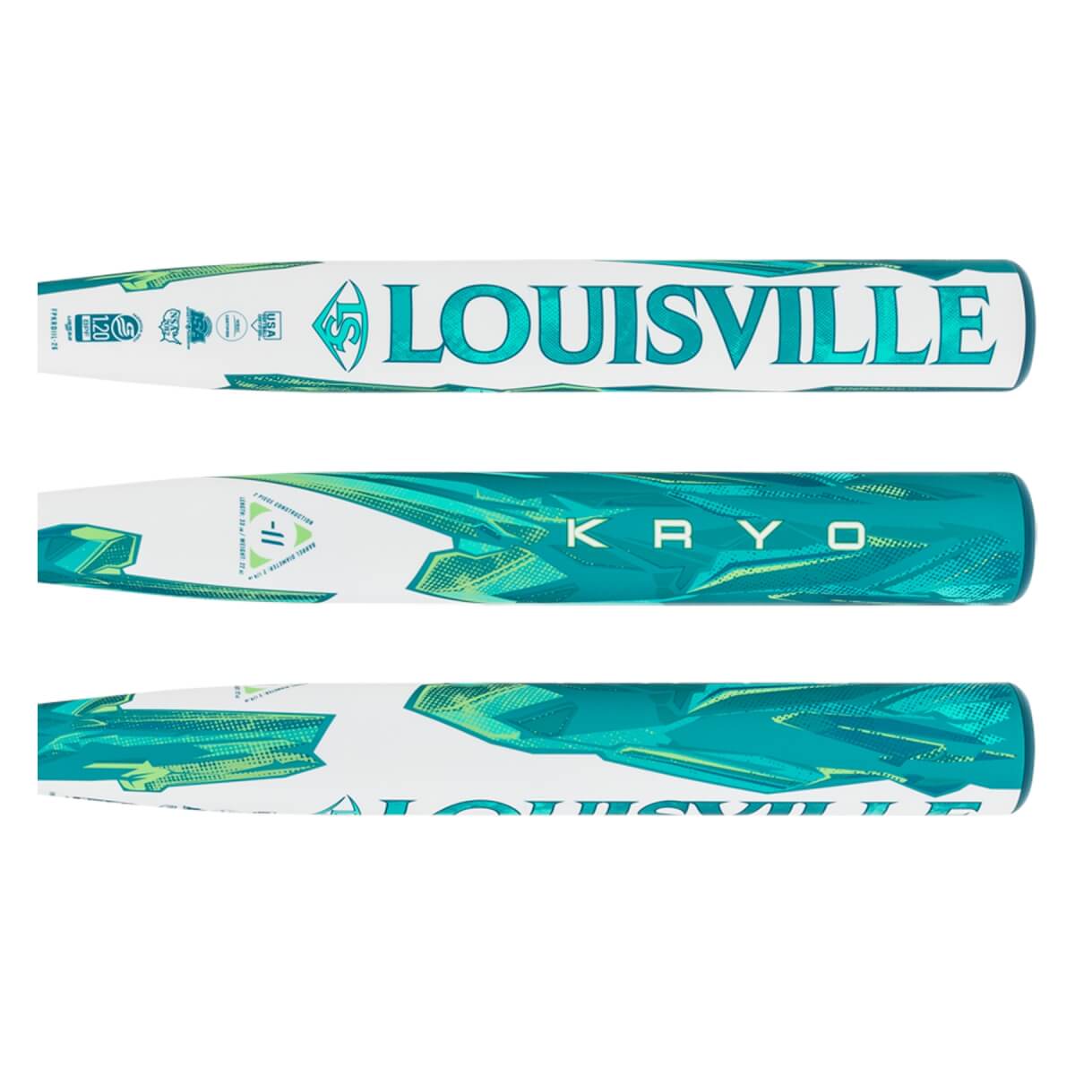 Full view of a white and teal/green fastpitch softball bat with LOUISVILLE and KRYO branding and a geometric pattern.