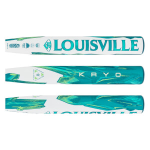Full view of a white and teal/green fastpitch softball bat with LOUISVILLE and KRYO branding and a geometric pattern.