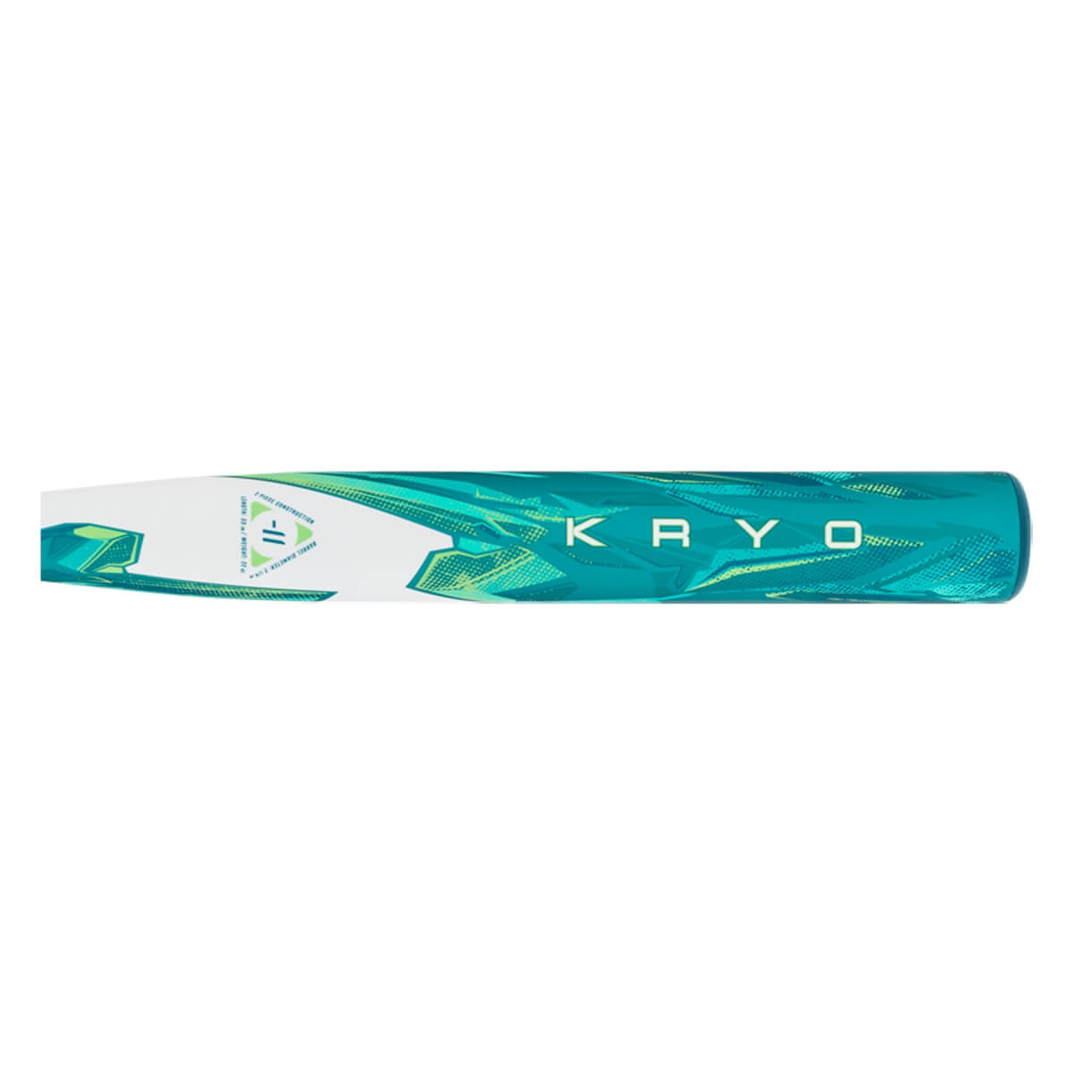 Side view of a teal and white fastpitch softball bat with KRYO printed on the barrel and a lime green geometric pattern.