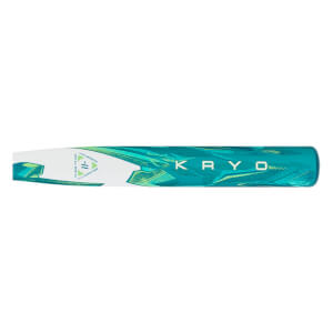 Side view of a teal and white fastpitch softball bat with KRYO printed on the barrel and a lime green geometric pattern.