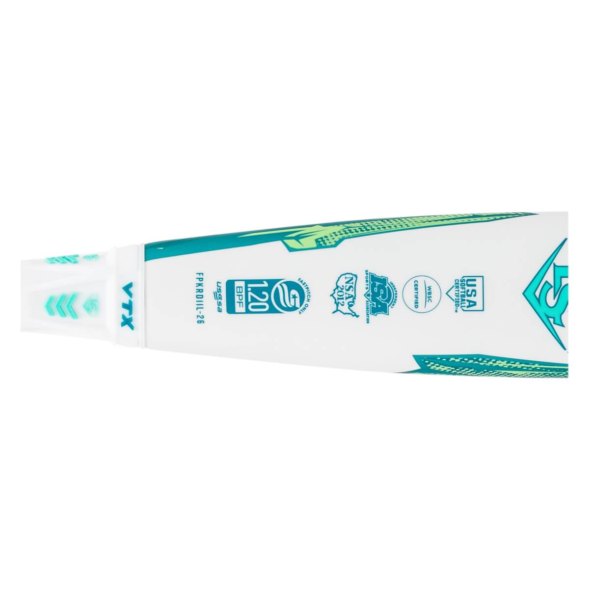 Close-up side view of a white softball bat with teal and green graphics, showing VTX text, certification stamps, and LS logo.