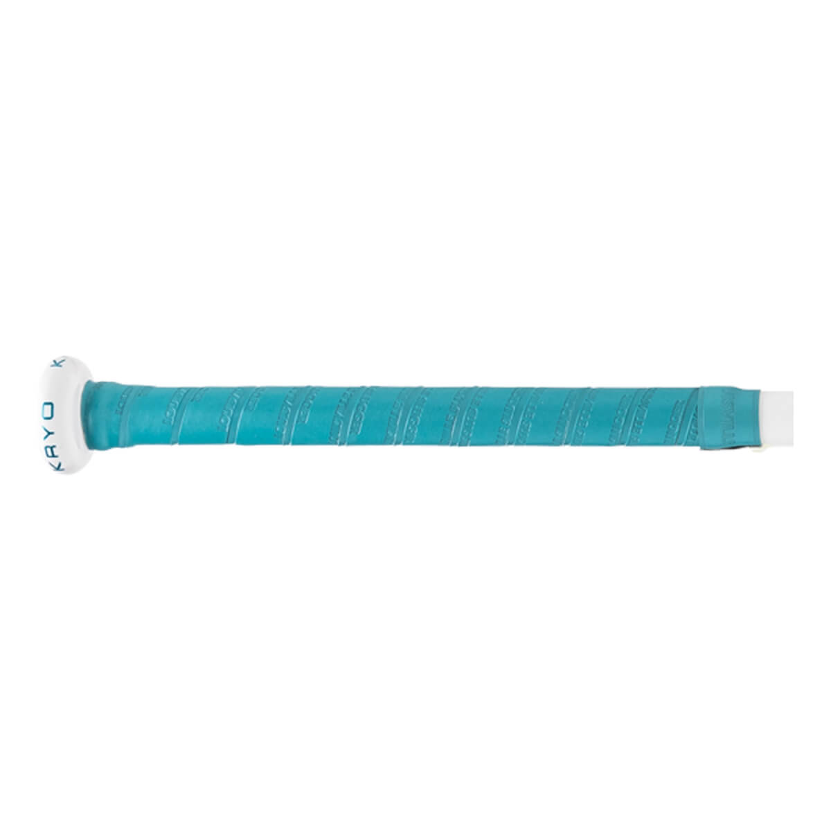 Side view of a teal bat handle with a white knob, spiraled grip tape, and KRYO text on the knob.
