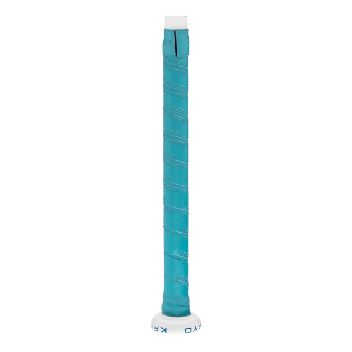 Close-up of a teal bat handle with a textured spiral grip and white knob featuring KRYO text.