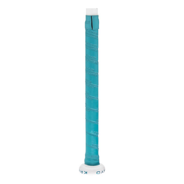 Close-up of a teal bat handle with a textured spiral grip and white knob featuring KRYO text.