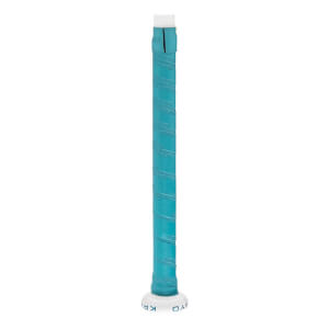 Close-up of a teal bat handle with a textured spiral grip and white knob featuring KRYO text.