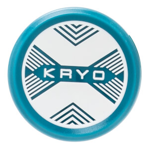 Top-down view of a teal and white bat end cap with KRYO text and geometric striped patterns.
