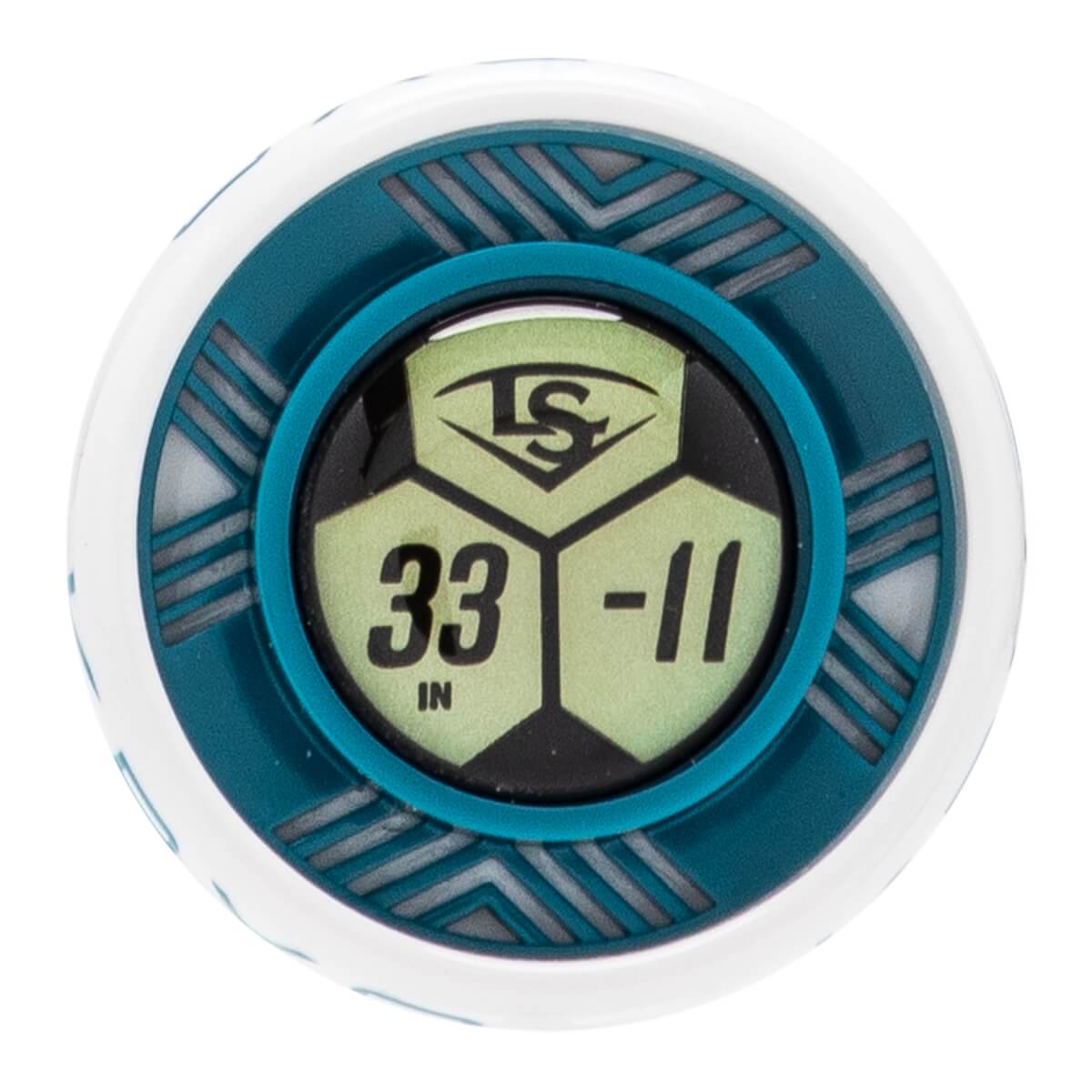 Top-down view of a white fastpitch softball bat end cap with a central LS logo, 33 IN and -11 numbers, and a teal geometric ring.