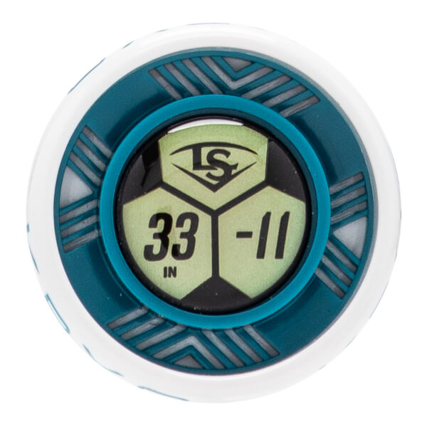 Top-down view of a white fastpitch softball bat end cap with a central LS logo, 33 IN and -11 numbers, and a teal geometric ring.