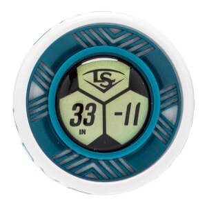 Top-down view of a white fastpitch softball bat end cap with a central LS logo, 33 IN and -11 numbers, and a teal geometric ring.