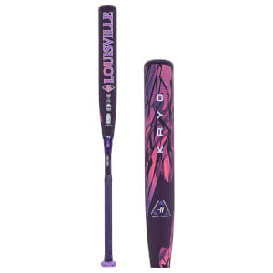 Split view of a dark purple fastpitch softball bat with pink LOUISVILLE on the handle and a geometric KRYO barrel.