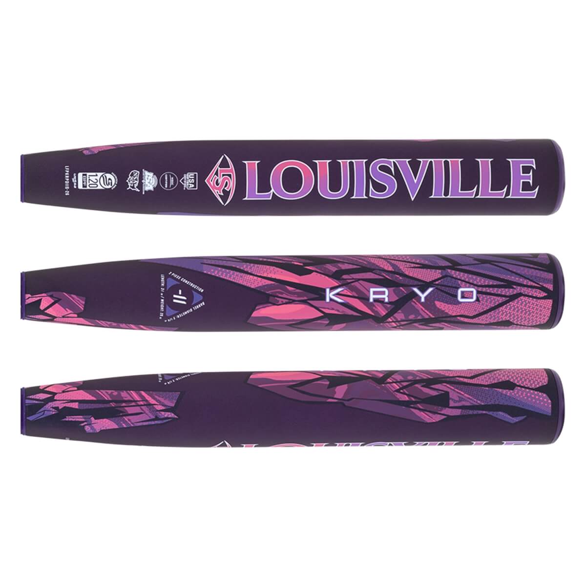 Full graphic view of a dark purple fastpitch softball bat with Louisville and Kryo branding, featuring pink geometric patterns.