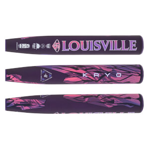 Full graphic view of a dark purple fastpitch softball bat with Louisville and Kryo branding, featuring pink geometric patterns.