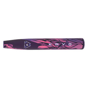 Side view of a dark purple softball bat with KRYO, a shattered pink and purple pattern, and a -11 logo.