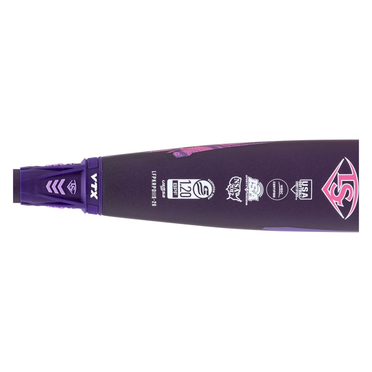 Close-up side view of a dark purple fastpitch softball bat with certification stamps, a pink Louisville Slugger logo, and VTX text.