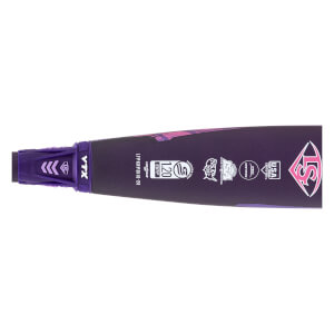 Close-up side view of a dark purple fastpitch softball bat with certification stamps, a pink Louisville Slugger logo, and VTX text.