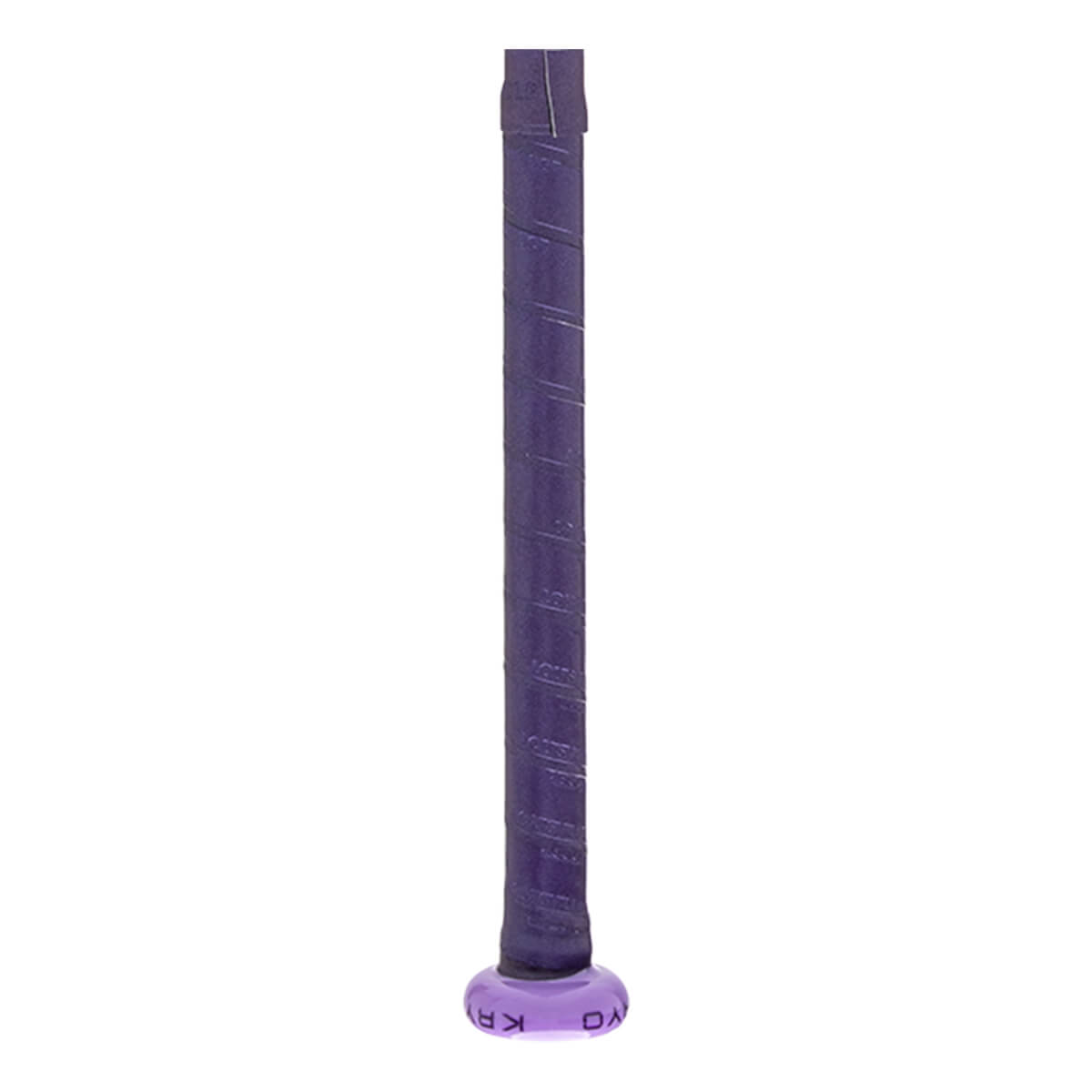 Close-up of a purple bat handle with ribbed grip tape and a purple knob displaying KRYO.