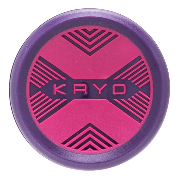 Top-down view of a purple bat end cap with a magenta KRYO logo and black geometric line patterns.