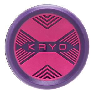 Top-down view of a purple bat end cap with a magenta KRYO logo and black geometric line patterns.