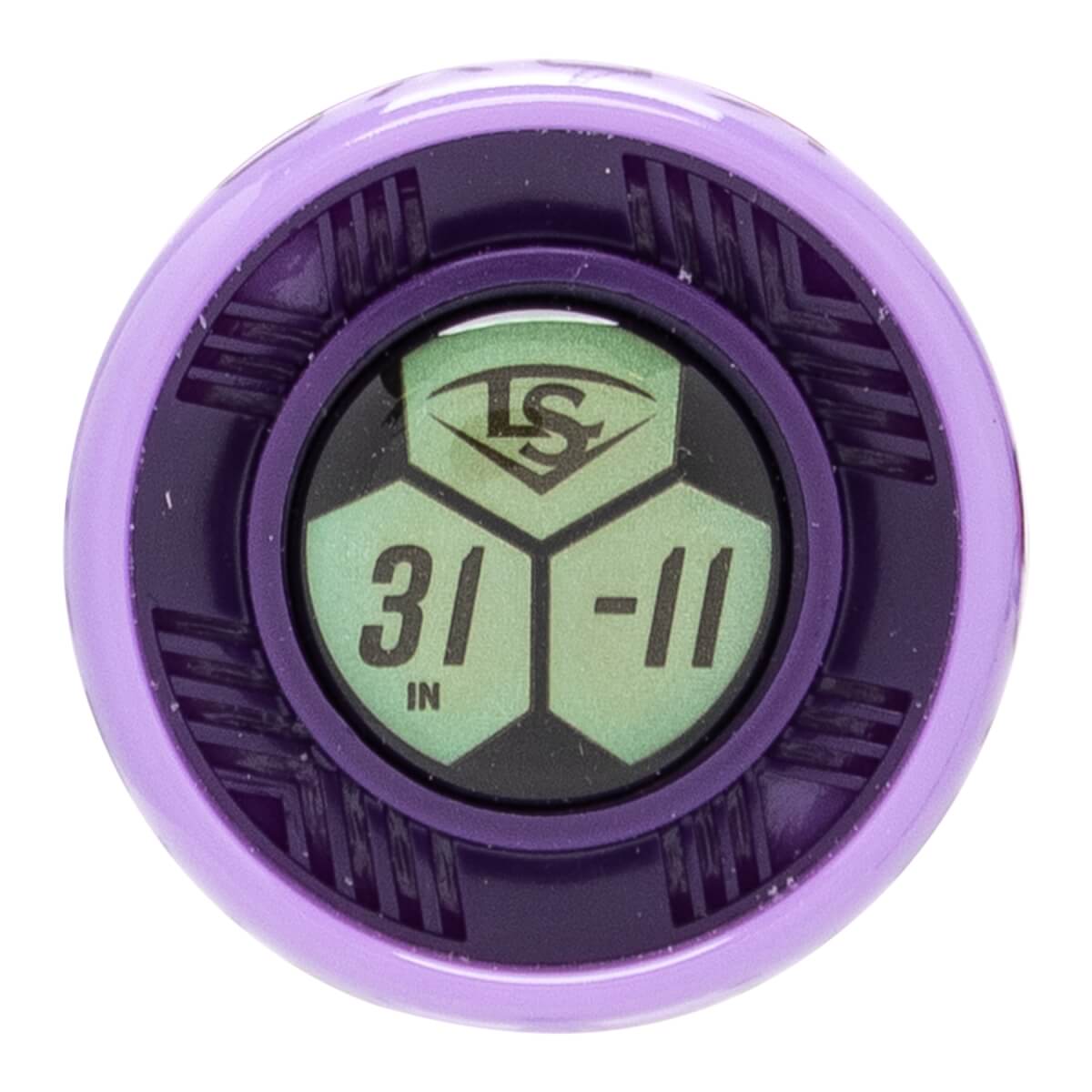 End cap view of a purple bat end cap with a green hexagonal design displaying the LS logo, 31 IN, and -11.