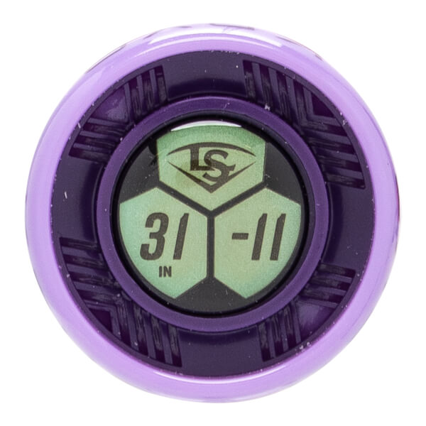 End cap view of a purple bat end cap with a green hexagonal design displaying the LS logo, 31 IN, and -11.