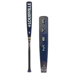 Front view of a navy baseball bat with white LOUISVILLE branding and a separate barrel view showing gold META text.