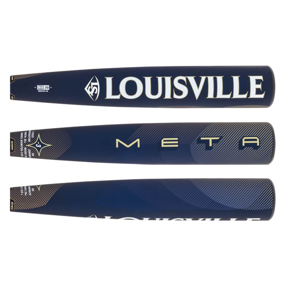 Multiple views of a navy baseball bat with LOUISVILLE and META branding, and gold striped barrel accents.
