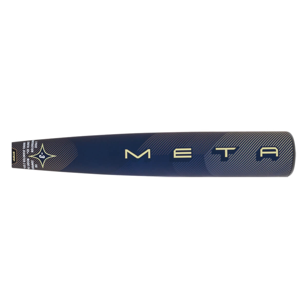 Side view of a navy baseball bat with gold META branding, diagonal stripes, and a visible -3 graphic.