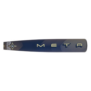 Side view of a navy baseball bat with gold META branding, diagonal stripes, and a visible -3 graphic.