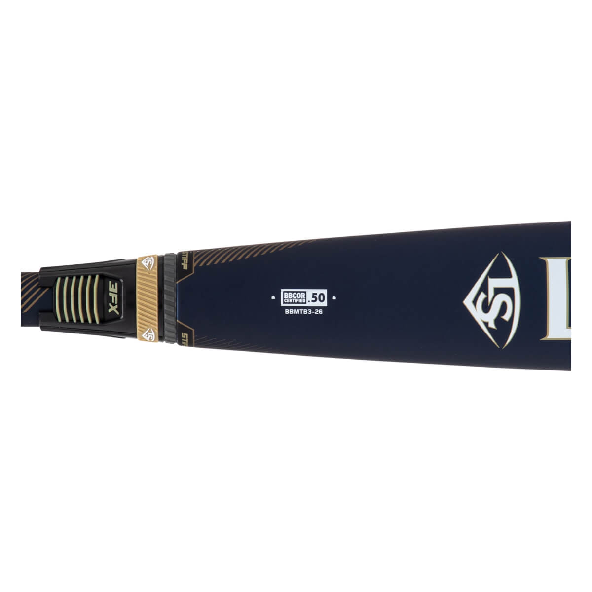 Side close-up of a navy baseball bat with gold accents, a BBCOR CERTIFIED stamp, and the LS logo.