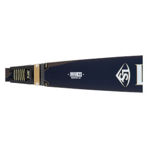 Side close-up of a navy baseball bat with gold accents, a BBCOR CERTIFIED stamp, and the LS logo.